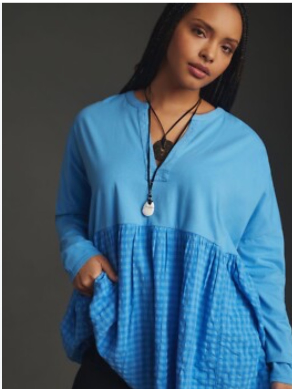 Anthropologie Pilcro Long-Sleeve Babydoll Blouse in tiered gingham